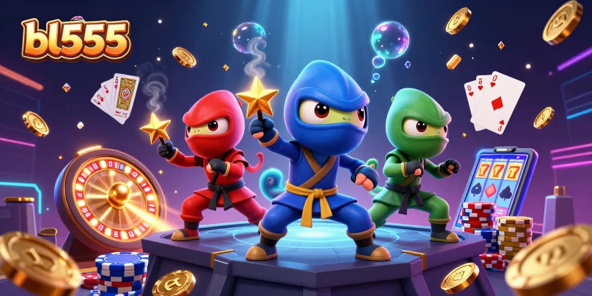 Win big with bl555 at a vibrant online casino featuring a 3D ninja chameleon team and dazzling game elements.
