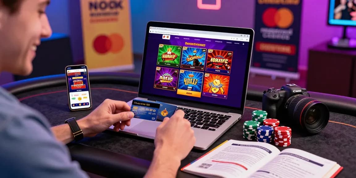 Exciting gameplay scene showcasing mastercard casinos with a user at a laptop holding a credit card in a lively online gaming environment.