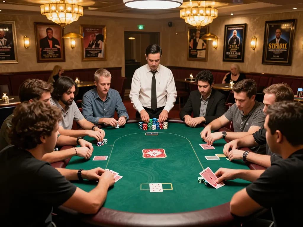 Intense poker gameplay at THABET casino, showcasing players focused on cards and vibrant chips