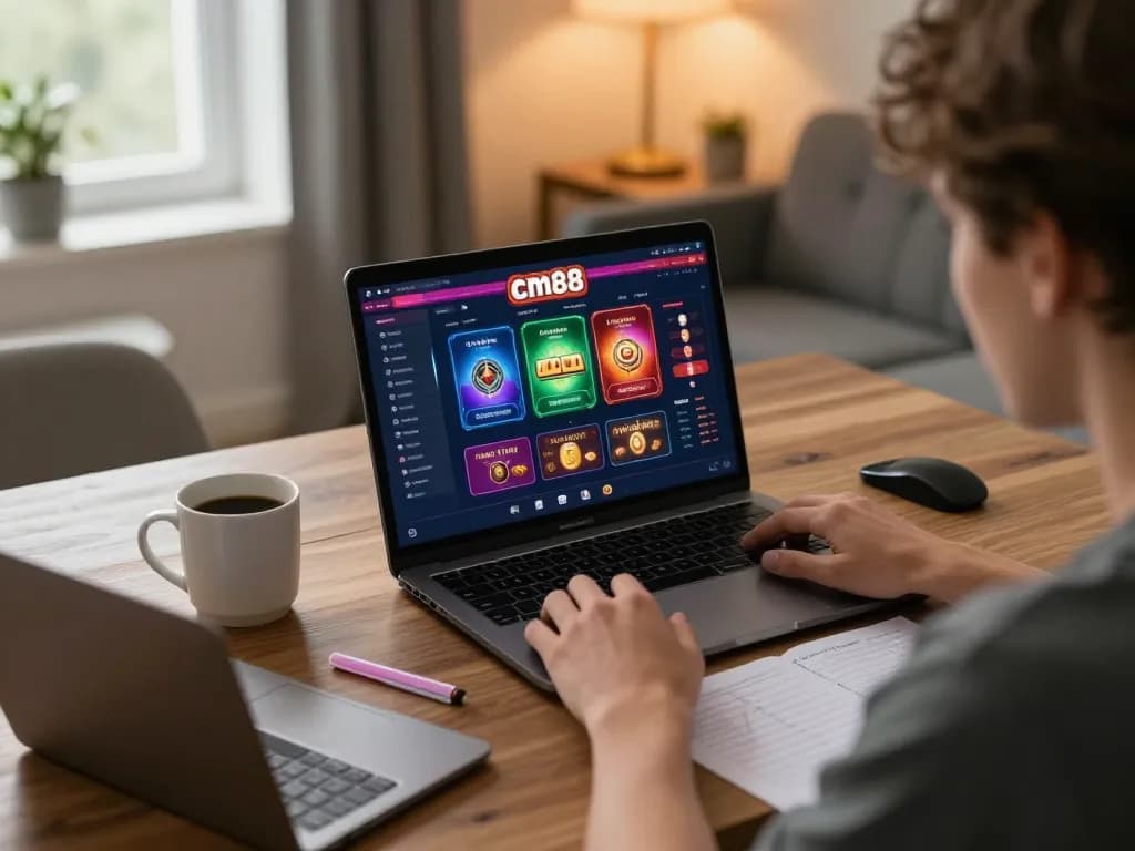 Engaging in cm88 online gaming at a stylish home setup with laptop display.
