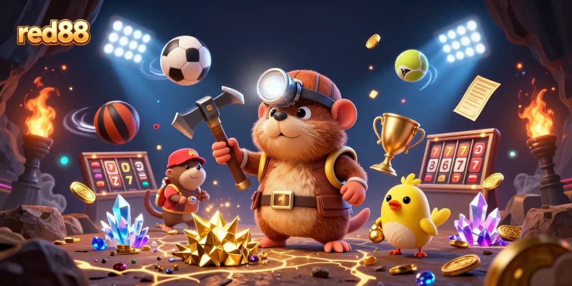Engage in thrilling gaming at red88, featuring a vibrant treasure miner scene filled with sports and gambling elements.