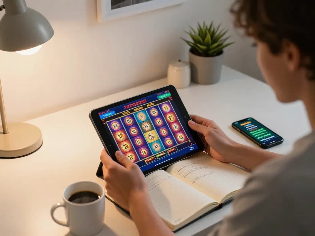 Engaging in a slot online game on a tablet at home, emphasizing strategy and comfort.