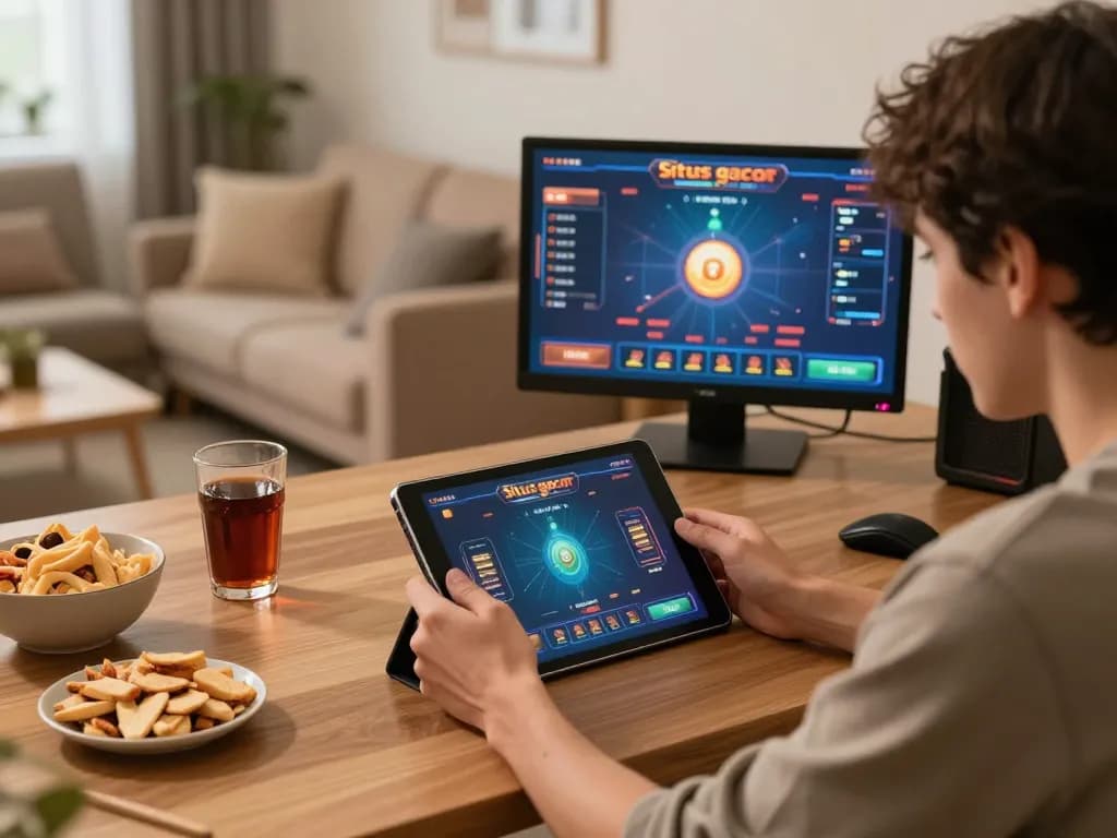 Engaged player enjoying situs gacor online gaming experience on a cozy tablet setup.