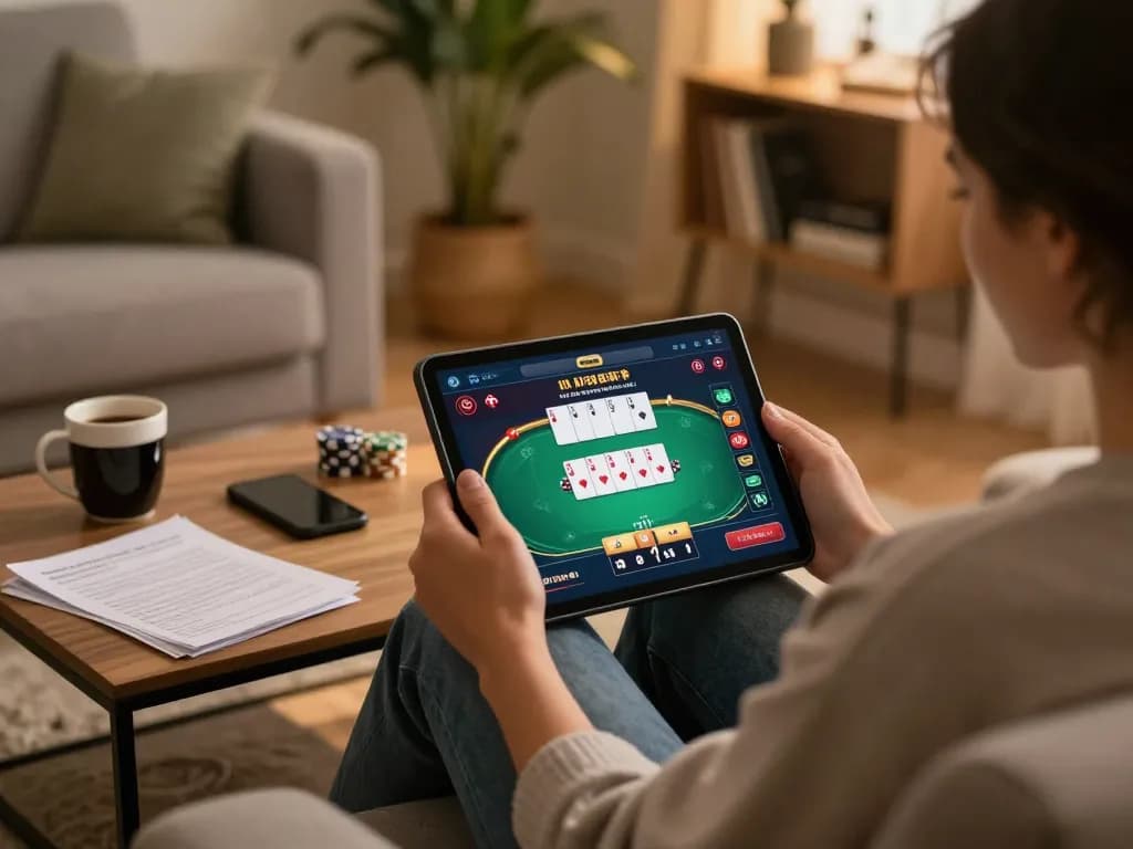Person playing poker on a tablet while using 789win2, surrounded by strategy notes in a cozy home.