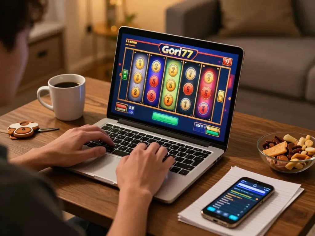 Playing Gori77 slots on a laptop in a cozy home setting with strategy notes nearby.