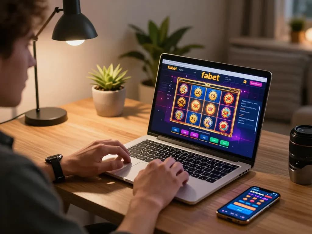 Player engaging with fabet online casino interface on a stylish home office setup.