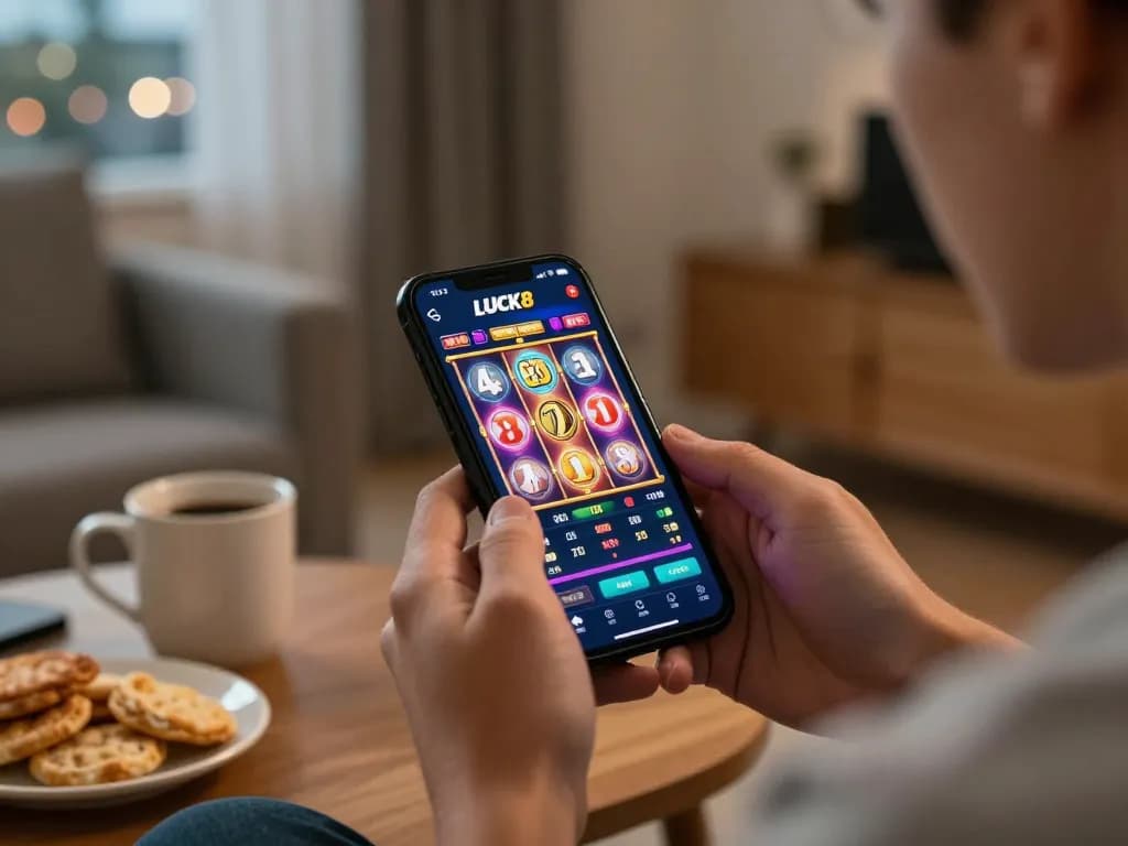 Experience LUCK8 mobile gaming excitement with vibrant slot reels spinning on screen.