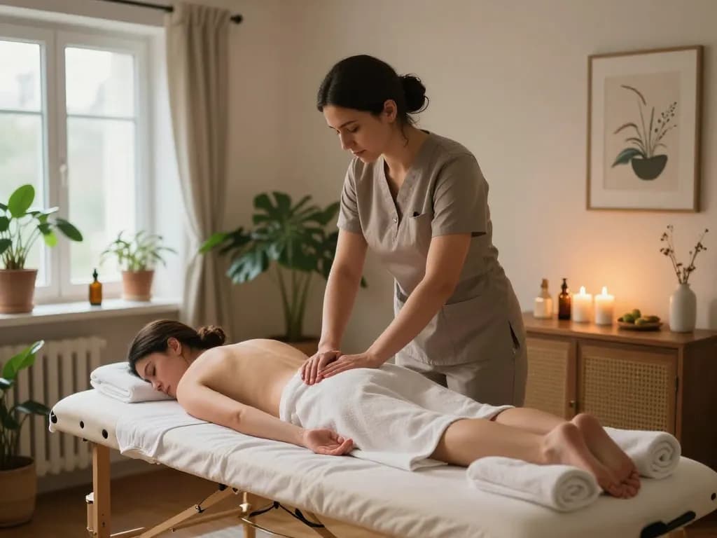 편안한 세련된 가정 환경에서 러시아출장마사지 시연 중인 전문 러시아 마사지 치료사