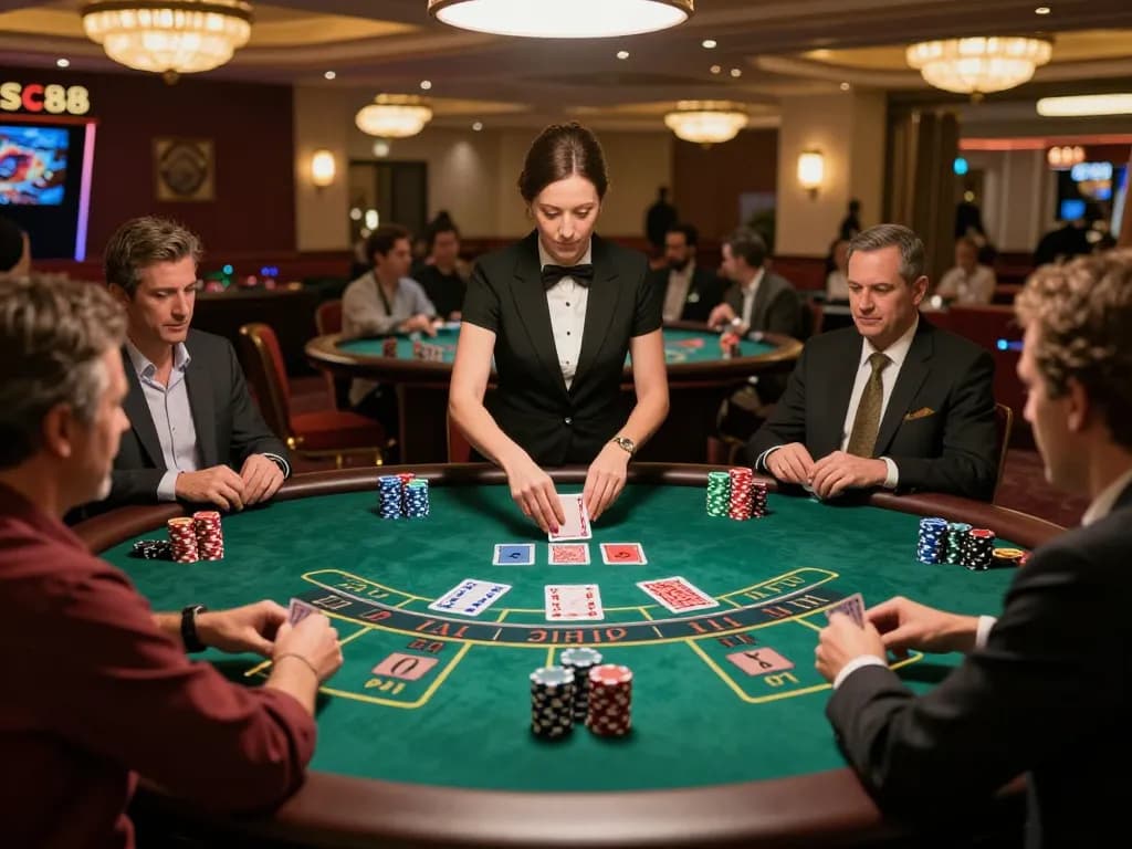 Players enjoying baccarat at SC88 casino with engaging dealer and vibrant atmosphere.
