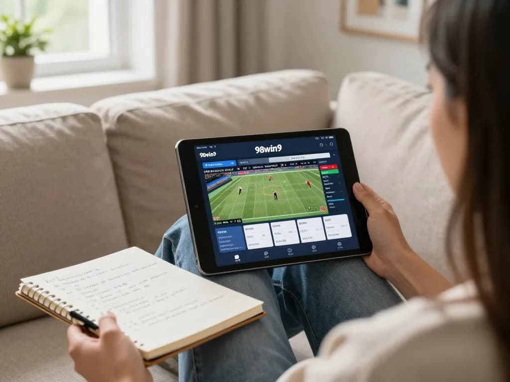 Engaging online betting with 98win9 app on tablet, showing live sports events and strategies