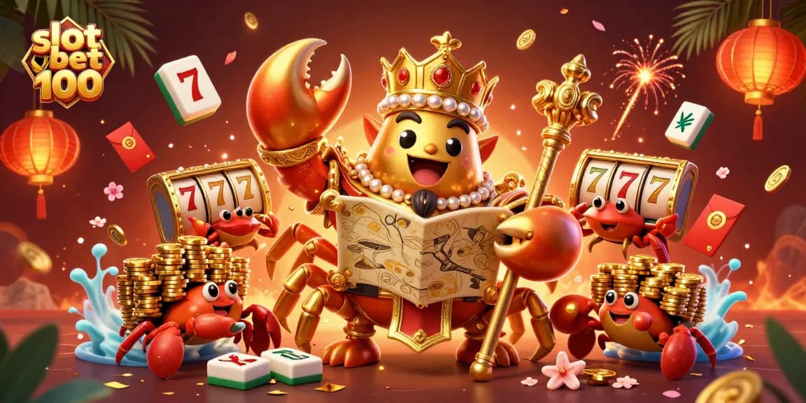 Engage with the excitement of slot bet 100 in this vibrant 3D casino illustration featuring a golden crab emperor.