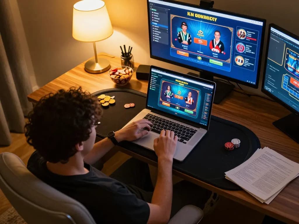 Kuwin player engaging in an online poker game setup at home with a focus on strategy notes and responsible gaming.