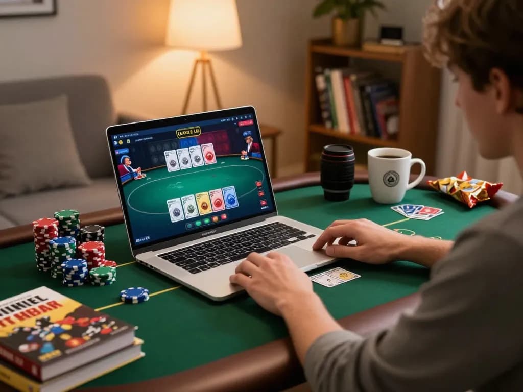Engaged player exploring vb88 poker strategy on laptop during a cozy home gaming session