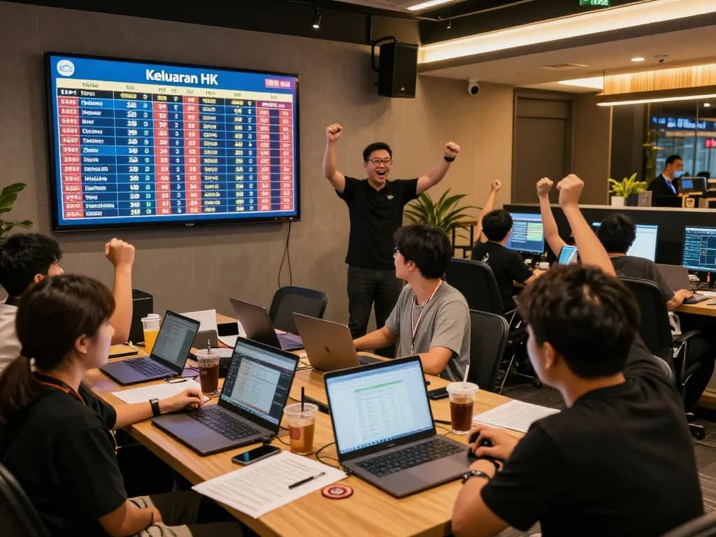 Engaged players celebrating Pengeluaran HK results in a lively gaming lounge.