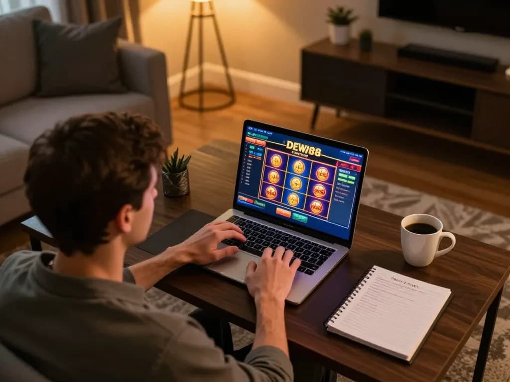 Adegan permainan online yang menarik dengan slot DEWI88 ditampilkan di layar laptop, menunjukkan fokus seorang pemain.