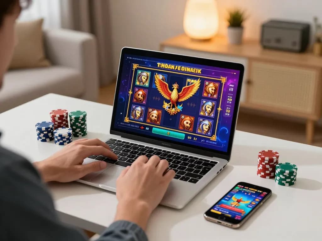 Engaging player exploring garuda slot games on a laptop in a stylish home office.