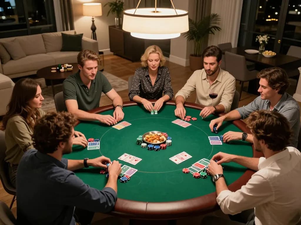 CM88 poker night scene with friends enjoying a friendly game, vibrant chips and cards on a green felt table.
