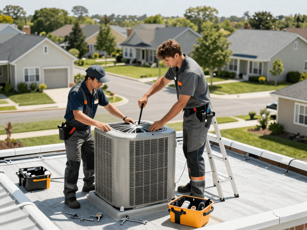 Technicians from a home service marketing agency performing HVAC repairs in a residential area