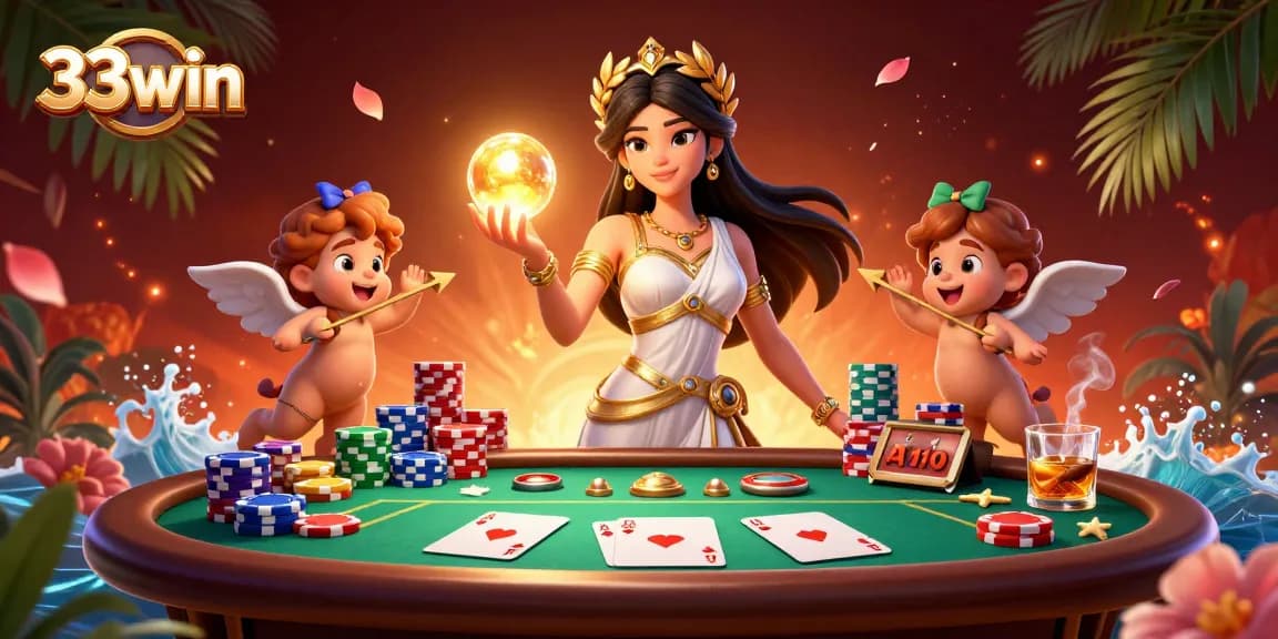 Win big with 33win, a stunning scene of vibrant casino elements and a graceful goddess.