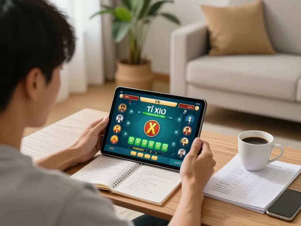 Player engaging in Tài Xỉu online at taixiuonline8 with tablet and strategy notes, promoting responsible gambling.