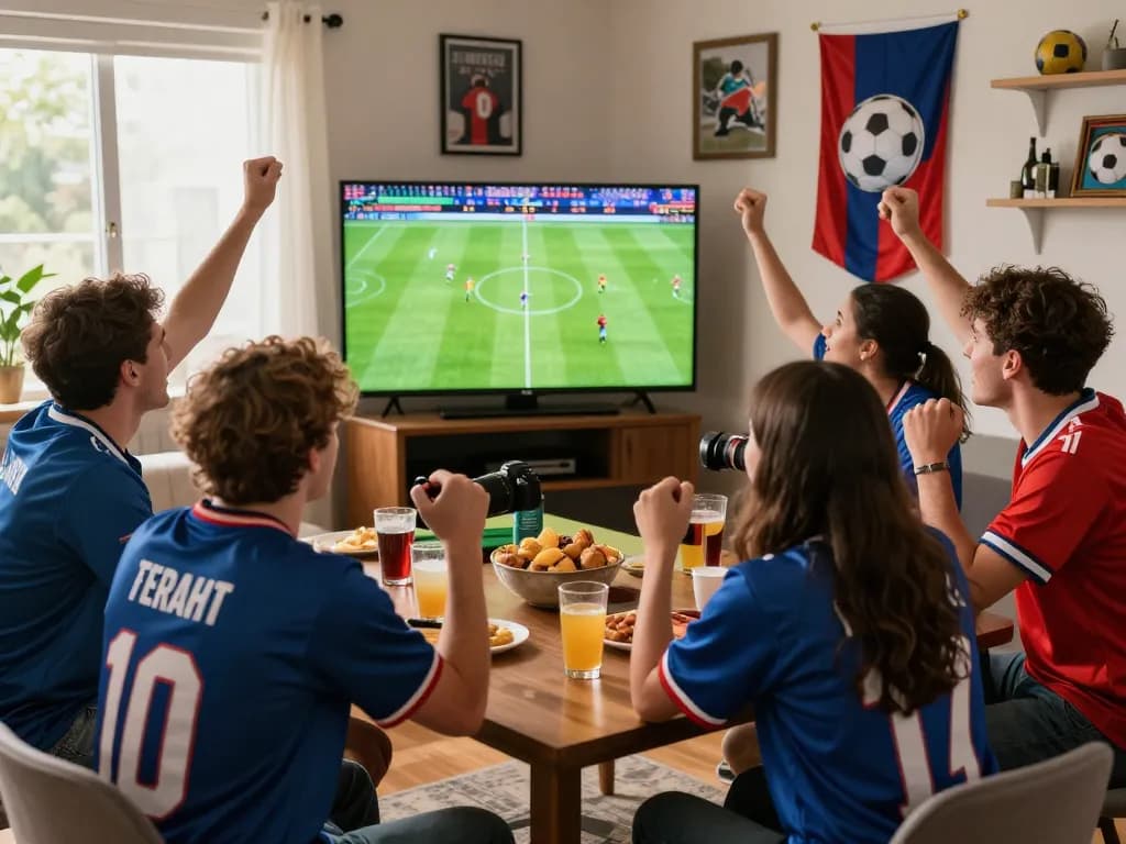 Thể thao hubet88 fans cheering during a live football match in a vibrant home setting.