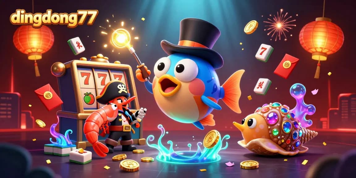 Engage with the vibrant world of dingdong77 showcasing an animated anglerfish, shrimp, and snail among slot machine elements.
