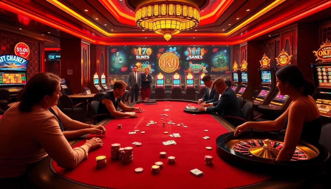 Players eagerly engaging in games at OKFUN’s luxurious casino, showcasing poker and slots.