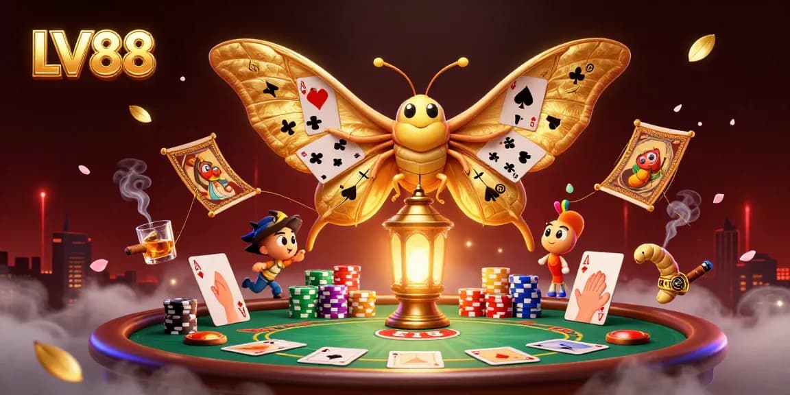 Experience excitement at LV88 with a dynamic casino scene featuring sparkling poker elements and engaging characters.