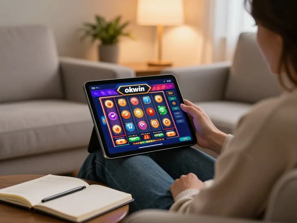 Enjoying the okwin app while playing slots on a tablet in a cozy home setup.