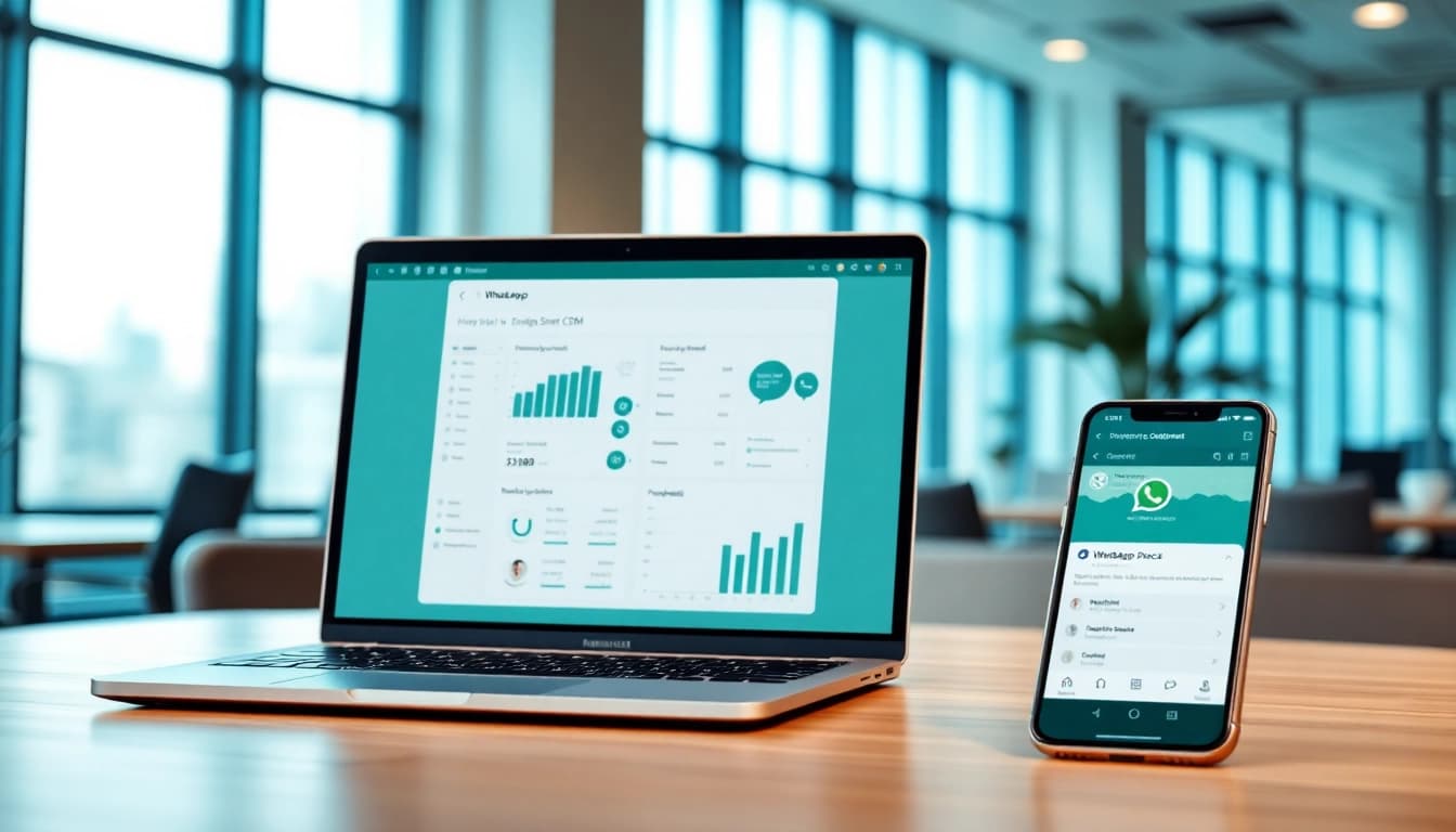 Showcasing WhatsApp Smart CRM with modern tech in a professional workspace.