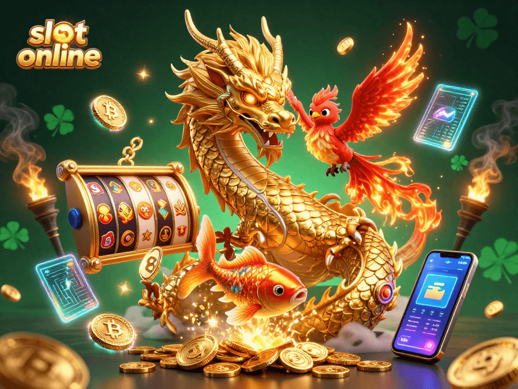 Experience slot online excitement with vibrant dragon and phoenix illustration, showcasing coins and dynamic gaming elements.