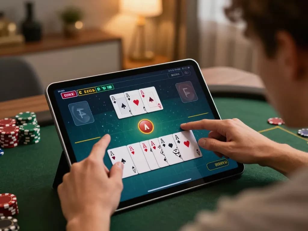 Engaging with nhà cái fly88 in an exciting online poker game on a cozy tablet setup.