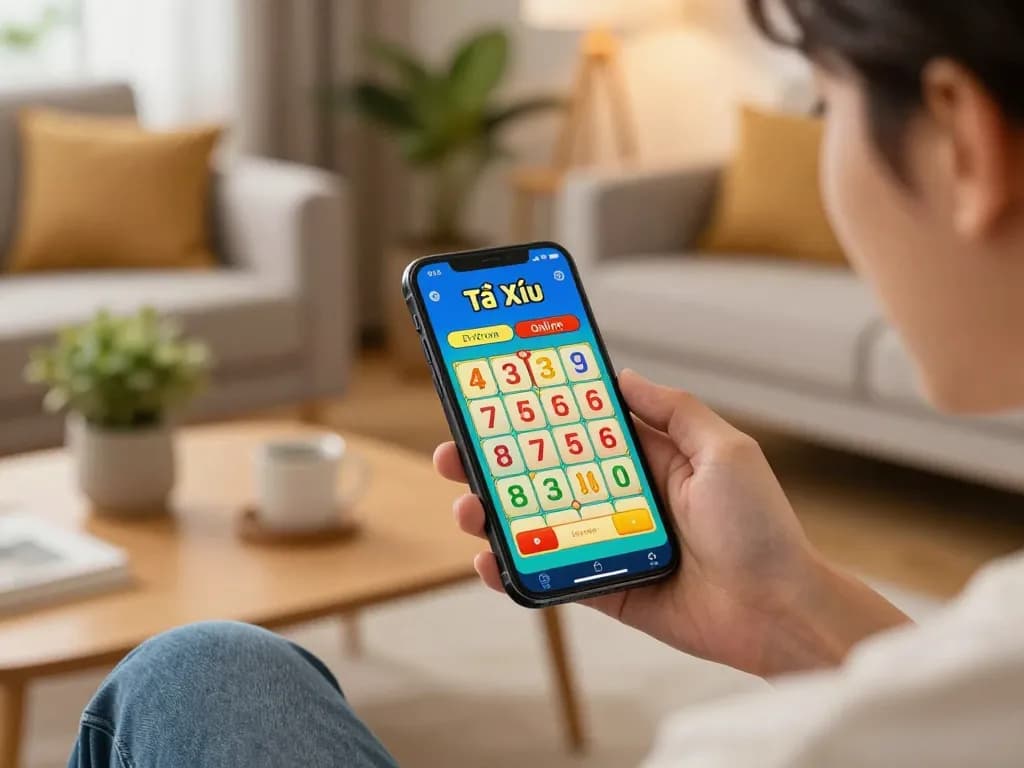 Engaging gameplay with app tài xỉu online uy tín displayed on smartphone in a cozy home setting