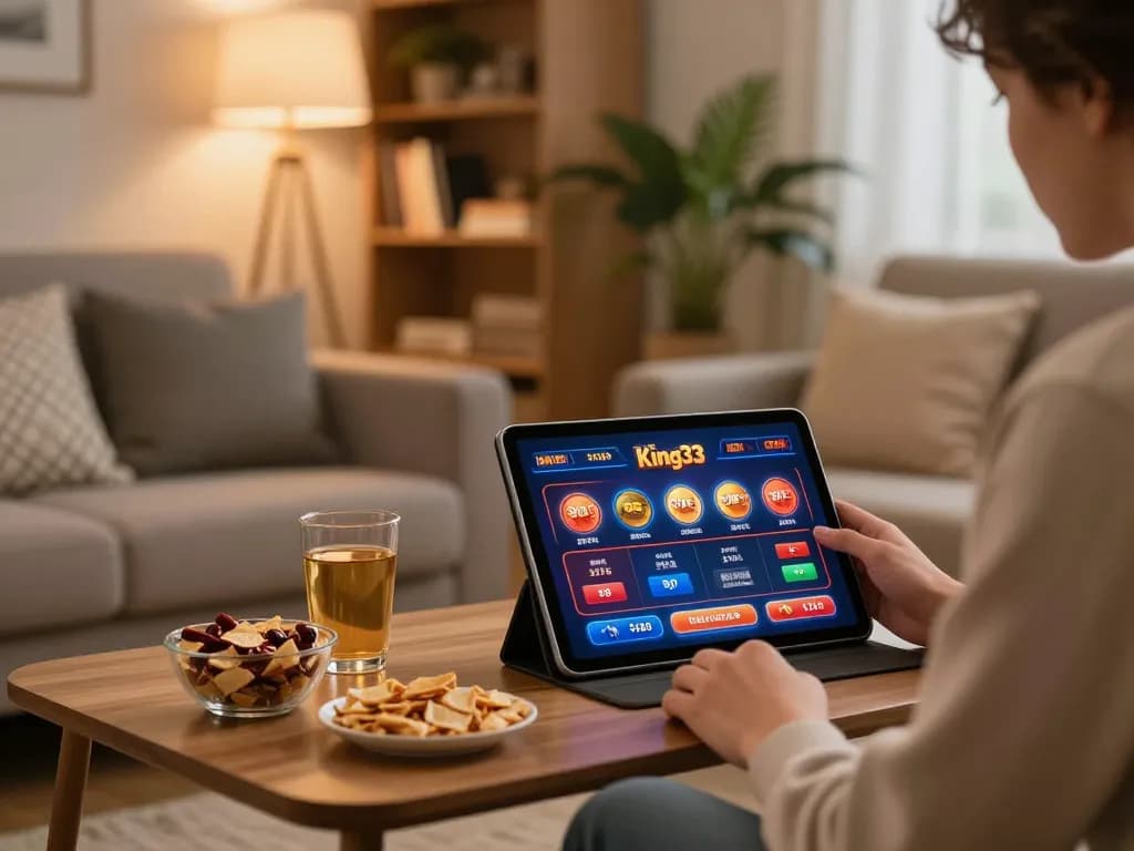 Engaging in online gambling at King33 casino on a tablet in a cozy home setting.