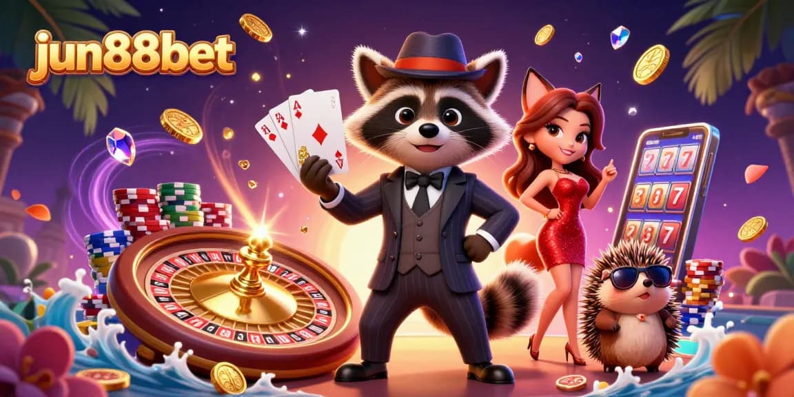 Experience the excitement of jun88bet with a vibrant casino scene featuring a raccoon, fox, and hedgehog.