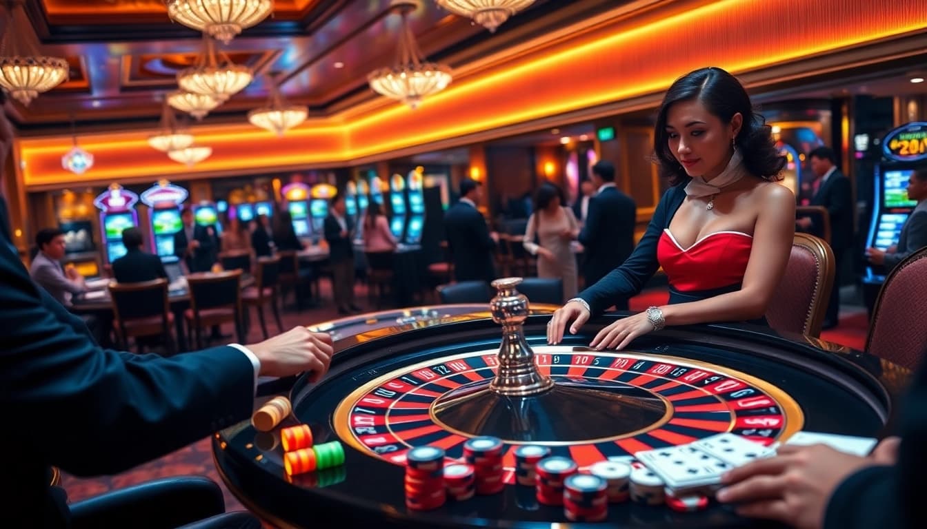 KJC RR88 dealers engaging players at an exciting casino table with vibrant colors and dynamic action.