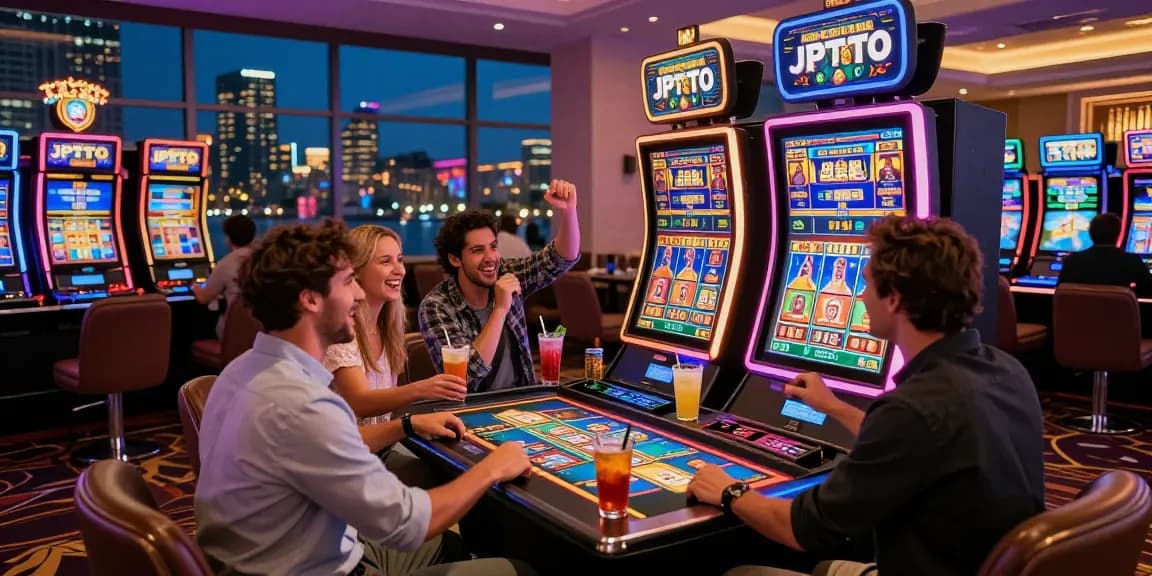 Friends enjoying a lively night at a JPTOTO casino slot machine, vibrant atmosphere and city skyline.