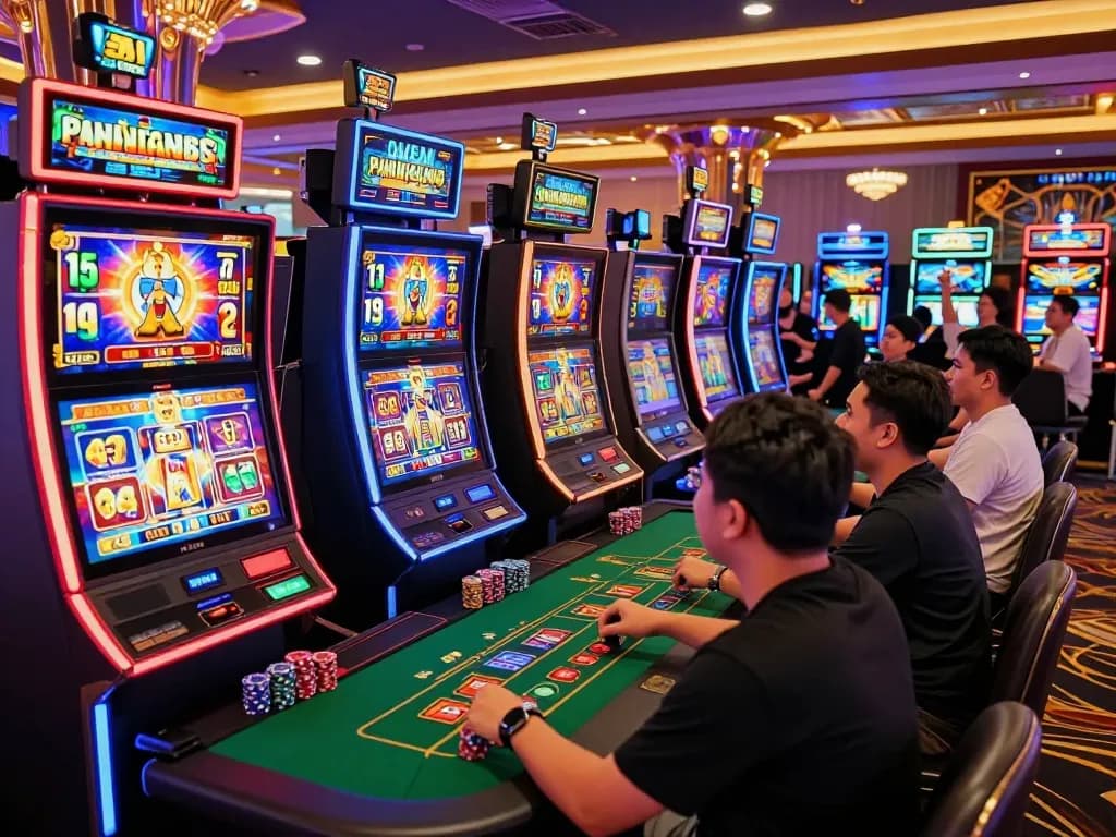 Experience the energy of discovering slot gacor hari ini while playing vibrant casino slot machines, surrounded by excitement and celebration.