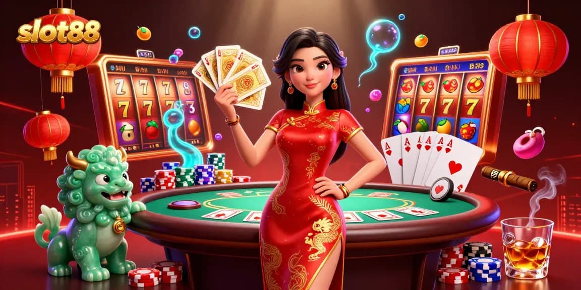 Engage in exciting slot88 gaming with colorful slot reels, lucky symbols, and a vibrant casino scene.