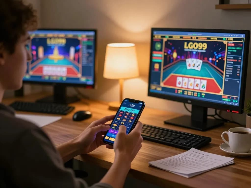 LGO99 user engaged in strategic betting using multiple screens in a modern home gaming setup