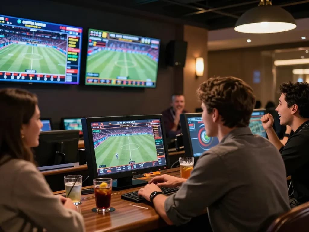 Engaged player analyzing sports betting options on u8888 in a lively social setting.