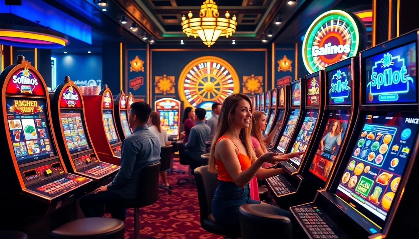 Players enjoying PG Slot machines in a lively casino, surrounded by colorful poker chips and excitement.