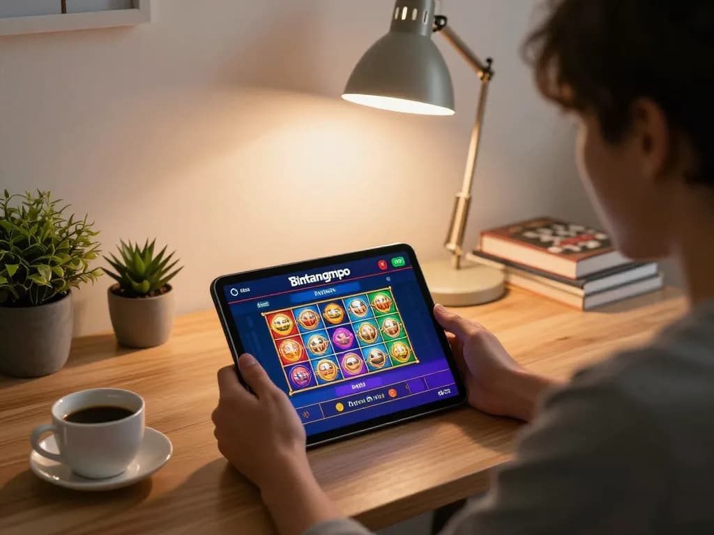 Pengguna Bintangmpo terlibat dalam permainan slot daring di tablet di kantor rumah yang stylish.