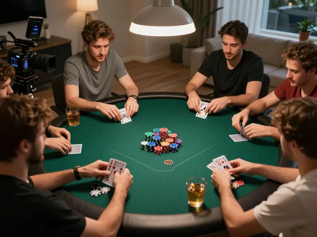 IDNSCORE poker game night setup with players enjoying cards and drinks in a cozy home atmosphere.