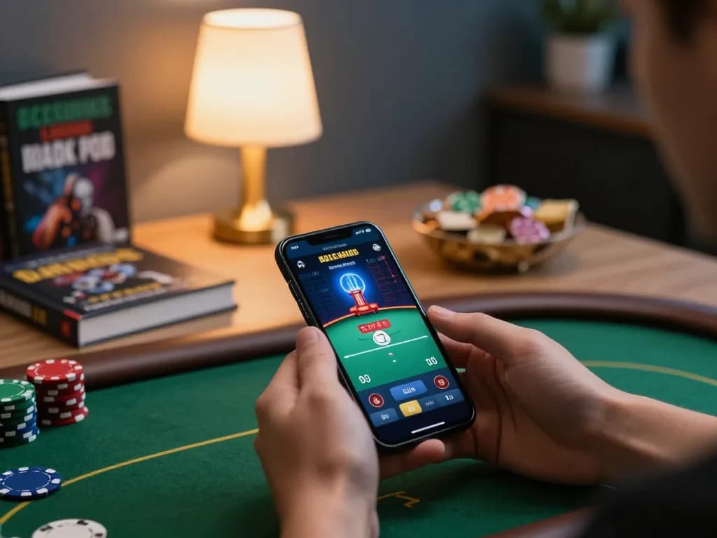Engaging in online poker at GOOD88, showcasing mobile gaming amidst a cozy atmosphere.