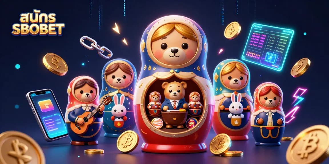 Engage with สมัคร SBOBET through a vibrant 3D casino-themed illustration featuring Matryoshka bears and blockchain elements.