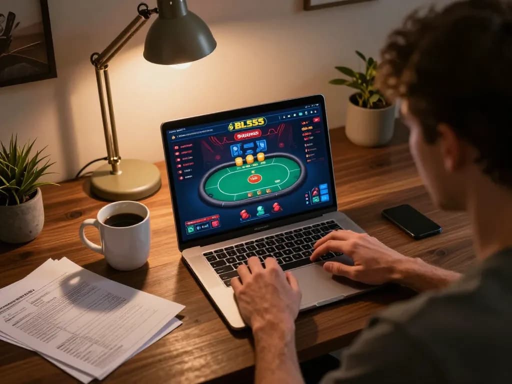 Player using BL555 online casino platform on a laptop, surrounded by strategic notes.