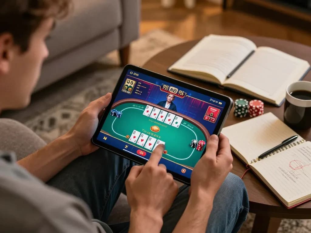 Engaged player enjoying tg88 casino gaming on tablet in a cozy living room setting