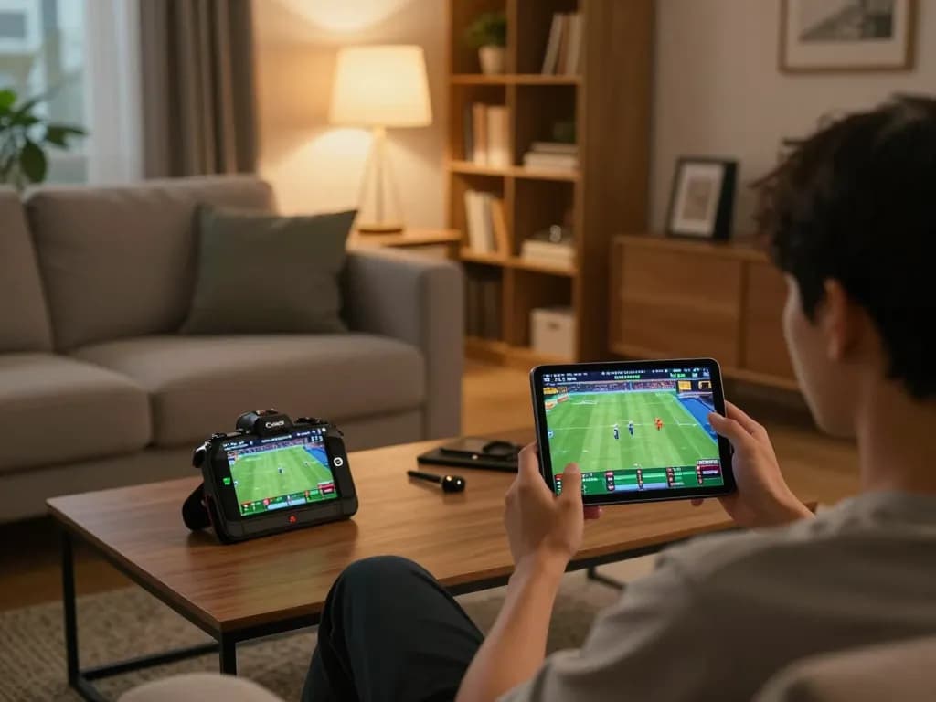 Bongdalu user engaging in online sports betting from a cozy living room.