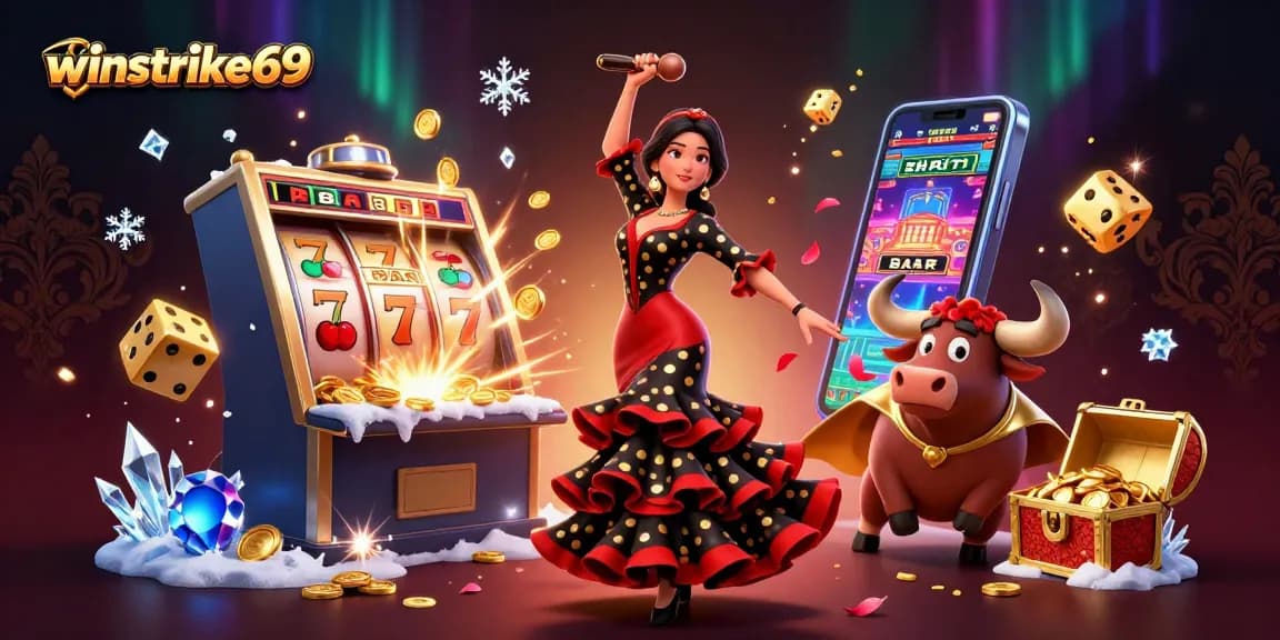 Winstrike69 thrilling jackpot scene with a flamenco dancer and a fighting bull amidst casino treasures.